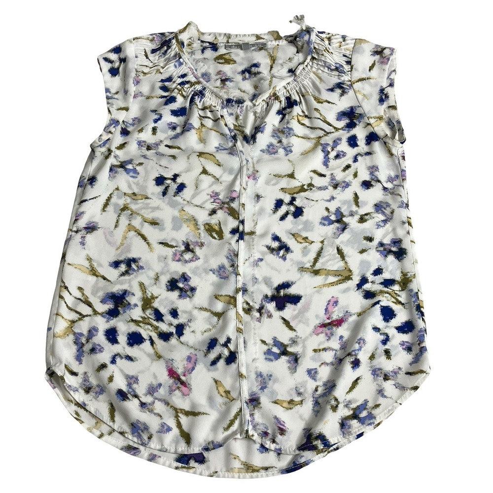 Daniel Rainn Floral Top Womens XS Petite Watercolor Frayed Trim Pleated Boho